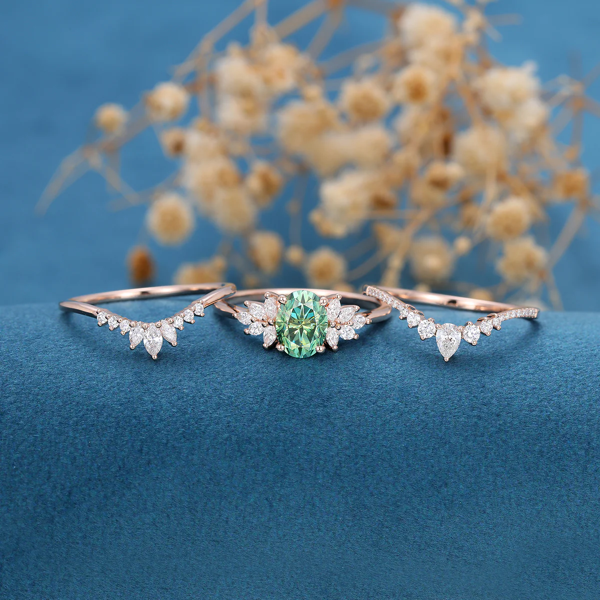 1.5 Carat Oval cut Green Moissanite Cluster Engagement Bridal Set - Image 8