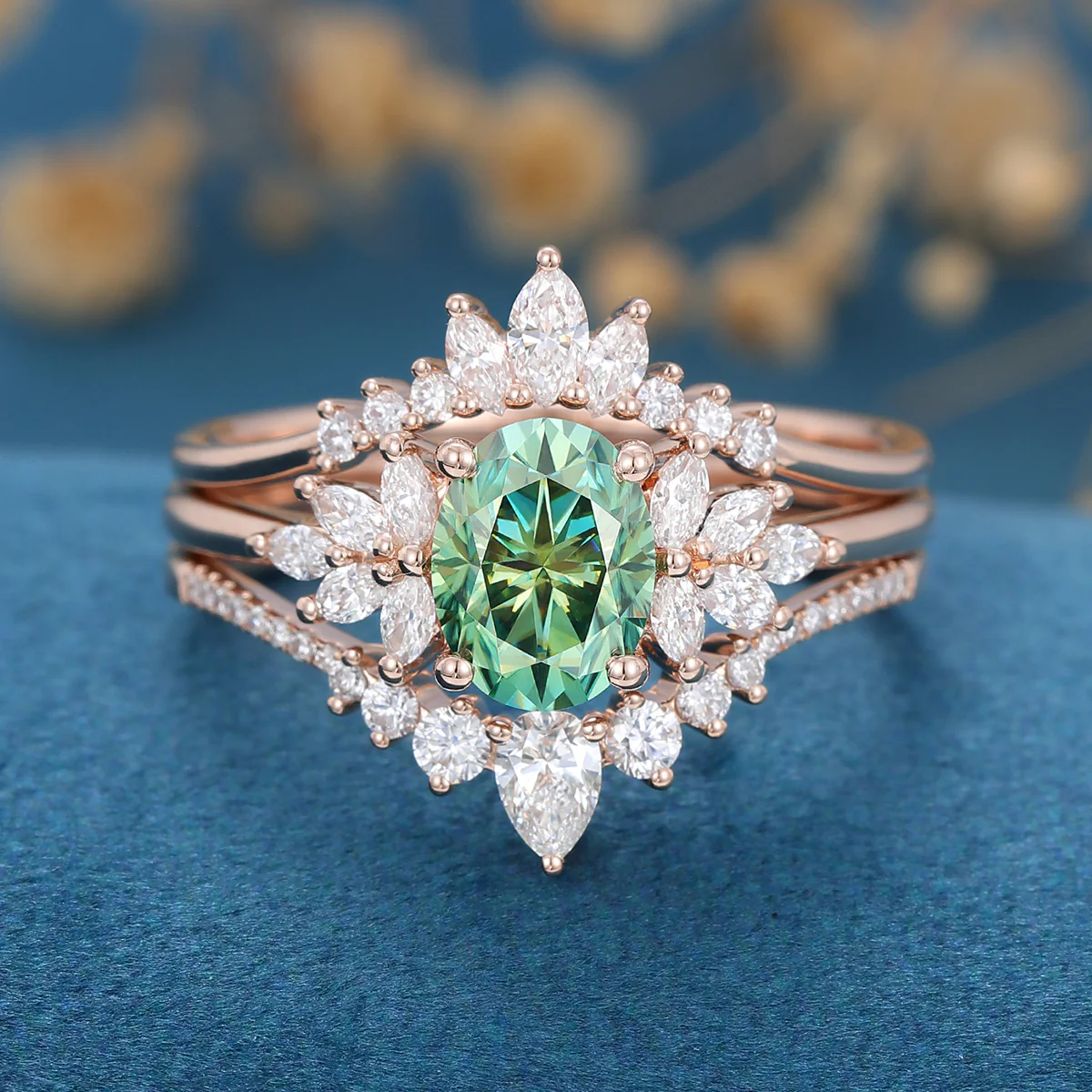 1.5 Carat Oval cut Green Moissanite Cluster Engagement Bridal Set - Image 9