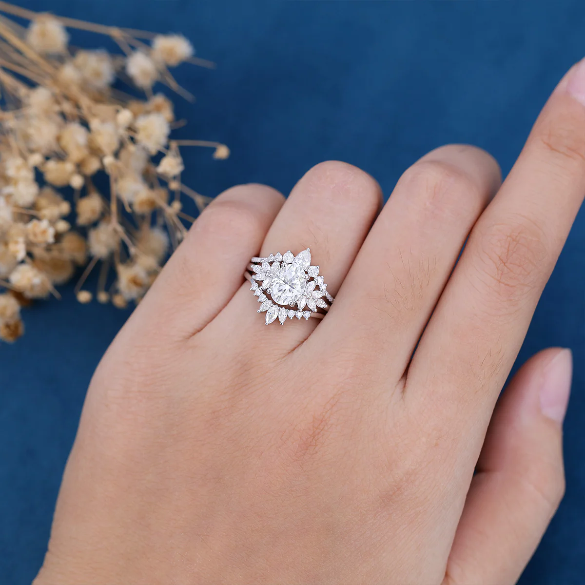 1.5Carat Oval Moissanite Cluster Engagement ring Bridal Set - Image 3