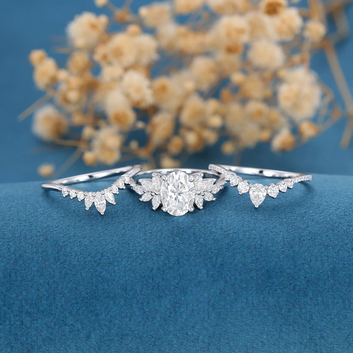 1.5Carat Oval Moissanite Cluster Engagement ring Bridal Set - Image 4