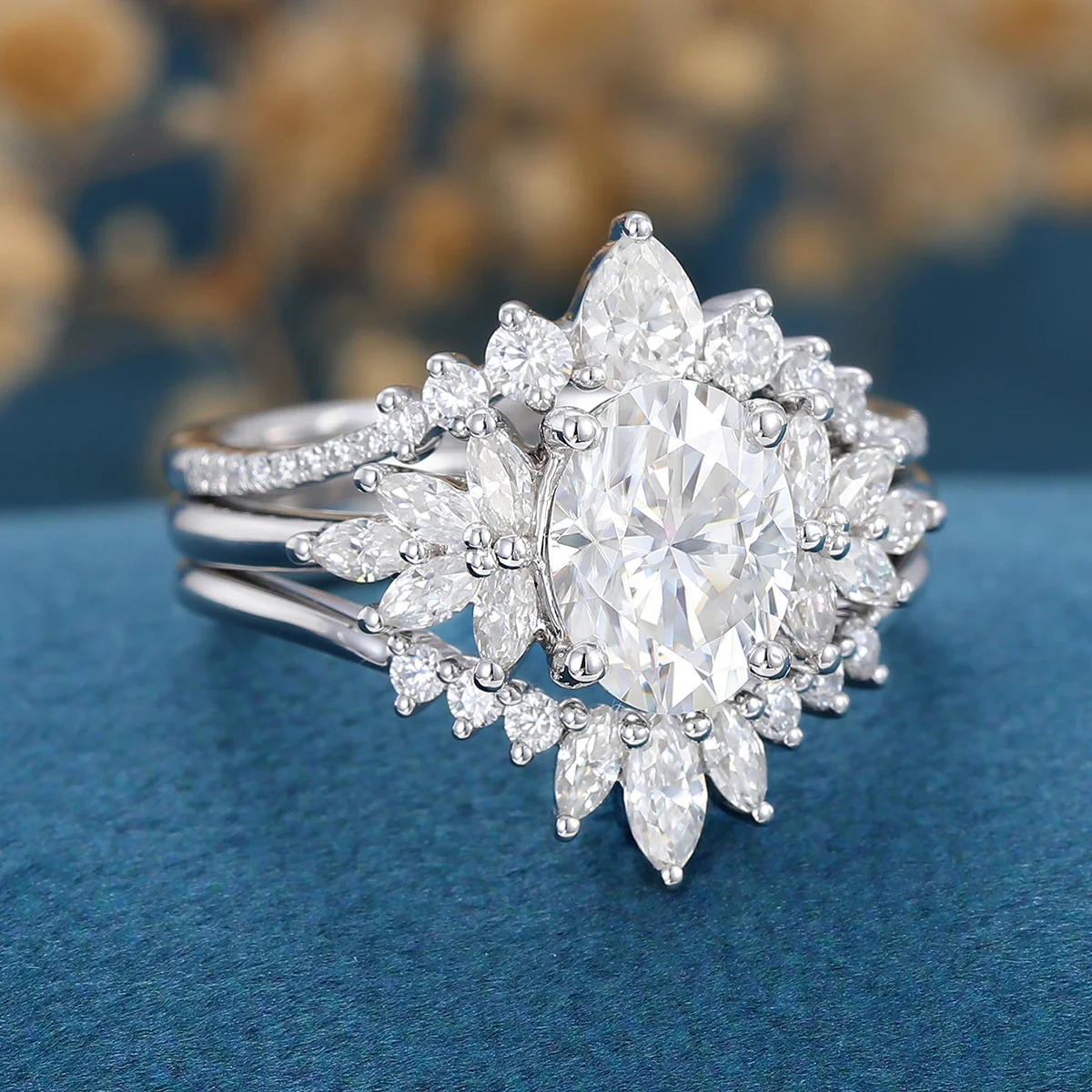 1.5Carat Oval Moissanite Cluster Engagement ring Bridal Set - Image 5