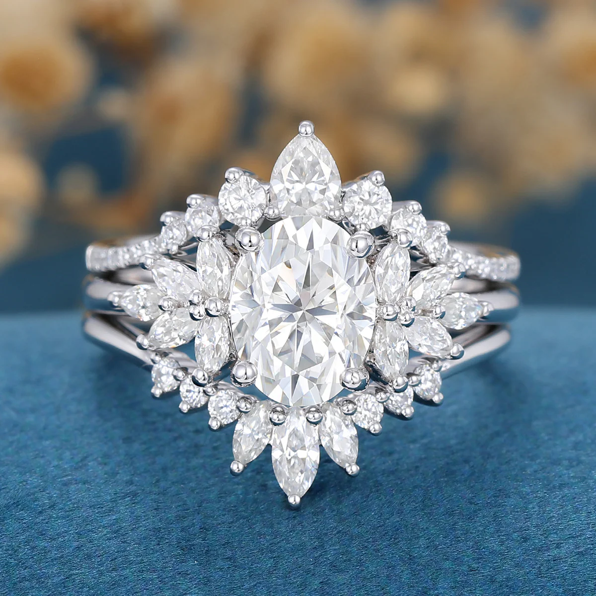 1.5Carat Oval Moissanite Cluster Engagement ring Bridal Set - Image 6