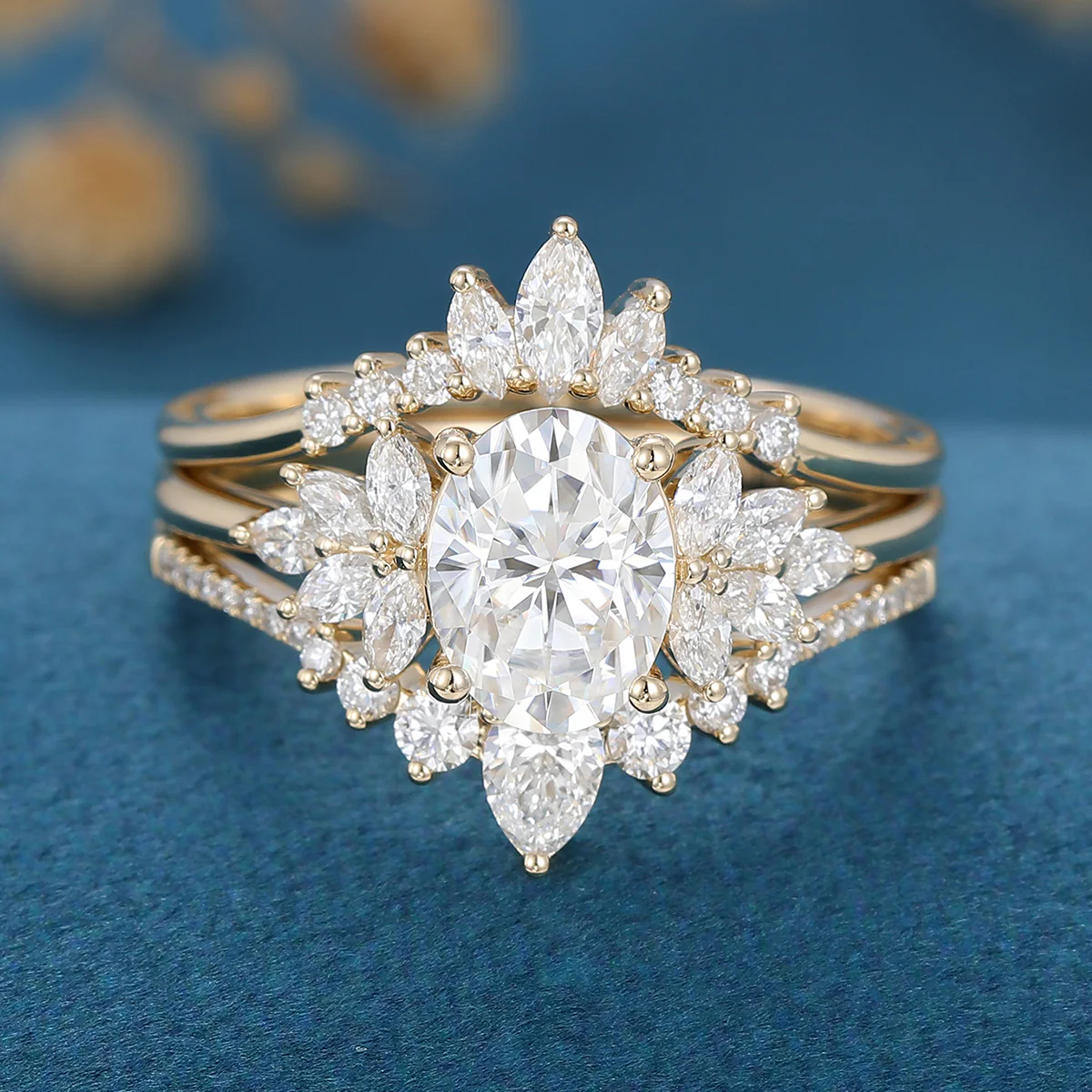 1.5Carat Oval Moissanite Cluster Engagement ring Bridal Set - Image 7