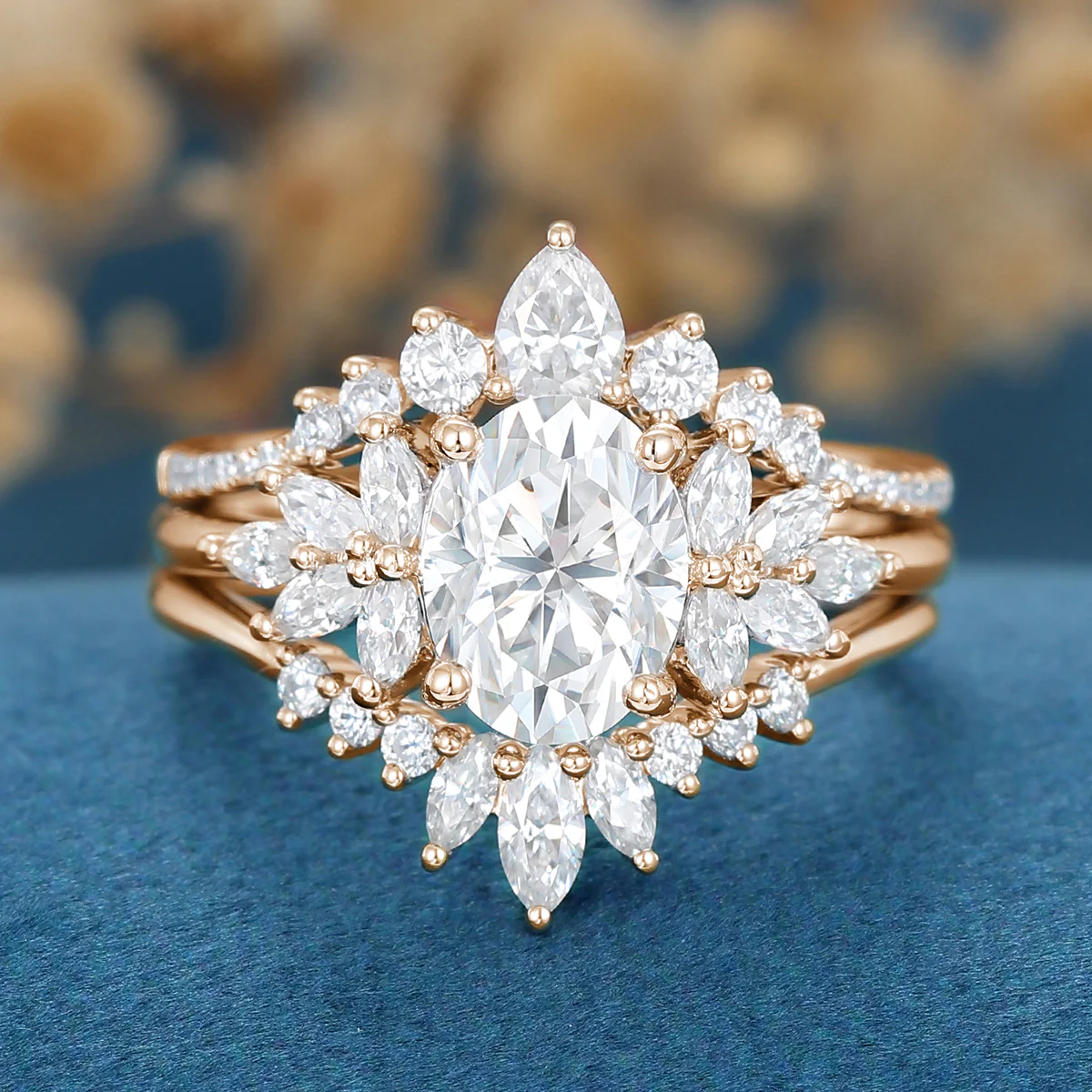 1.5Carat Oval Moissanite Cluster Engagement ring Bridal Set - Image 8
