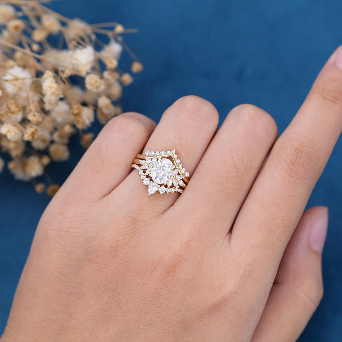 1.5Carat Oval cut Moissanite Cluster Engagement ring Bridal Set - Image 3