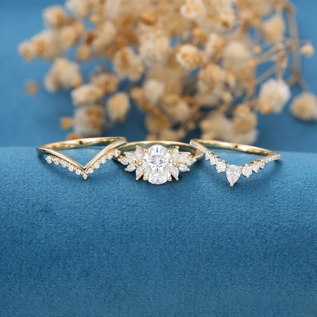 1.5Carat Oval cut Moissanite Cluster Engagement ring Bridal Set - Image 4