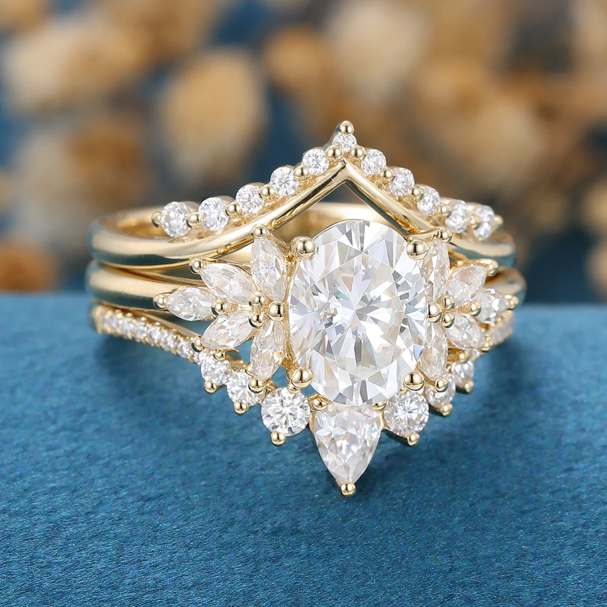 1.5Carat Oval cut Moissanite Cluster Engagement ring Bridal Set - Image 5