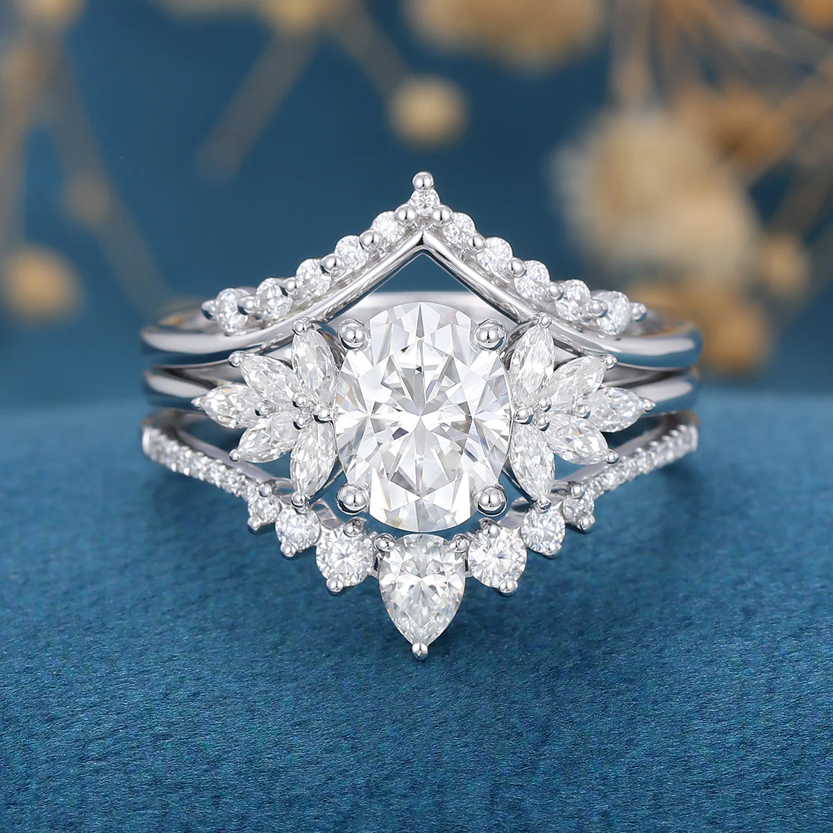 1.5Carat Oval cut Moissanite Cluster Engagement ring Bridal Set - Image 7