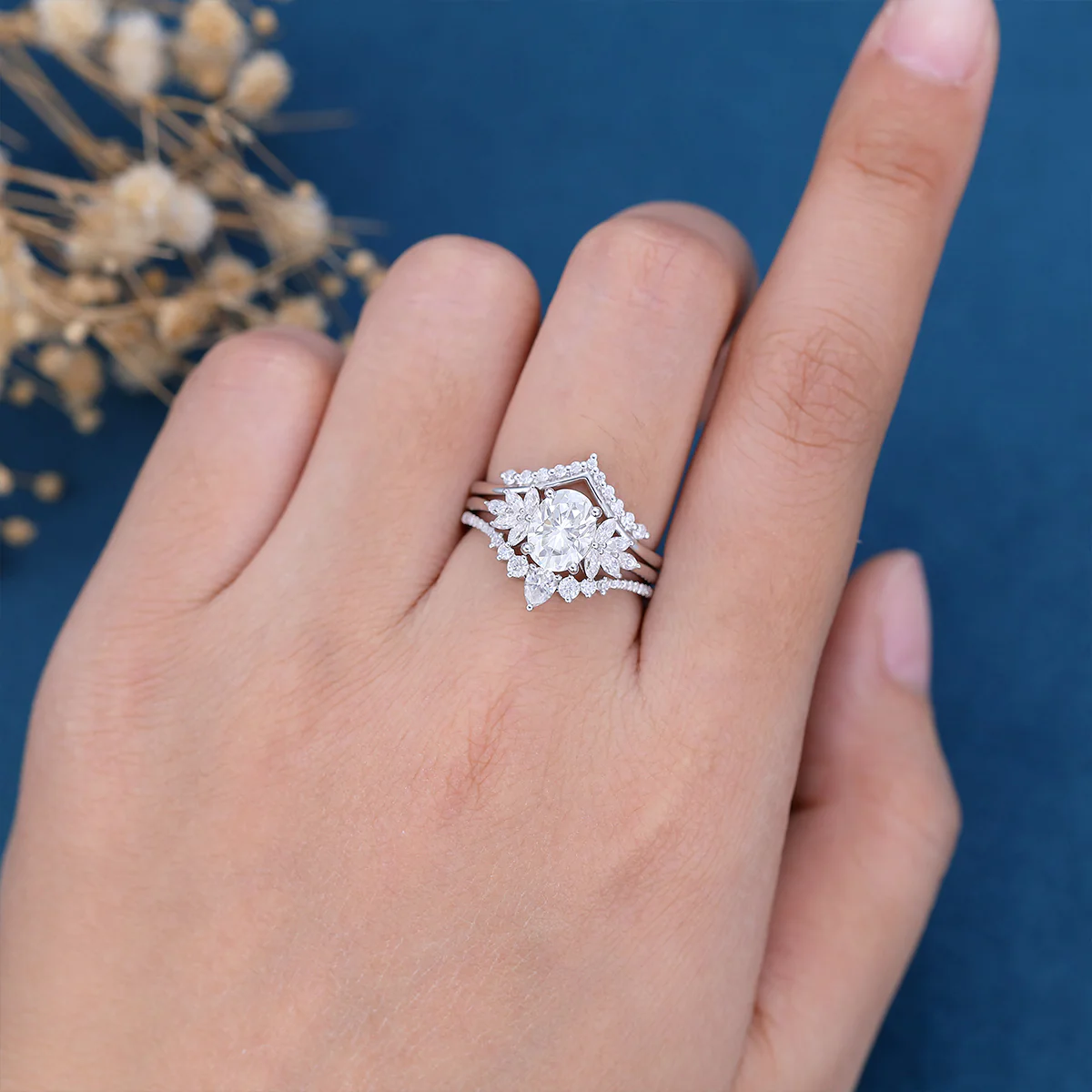 1.5Carat Oval cut Moissanite Cluster Engagement ring Bridal Set - Image 8
