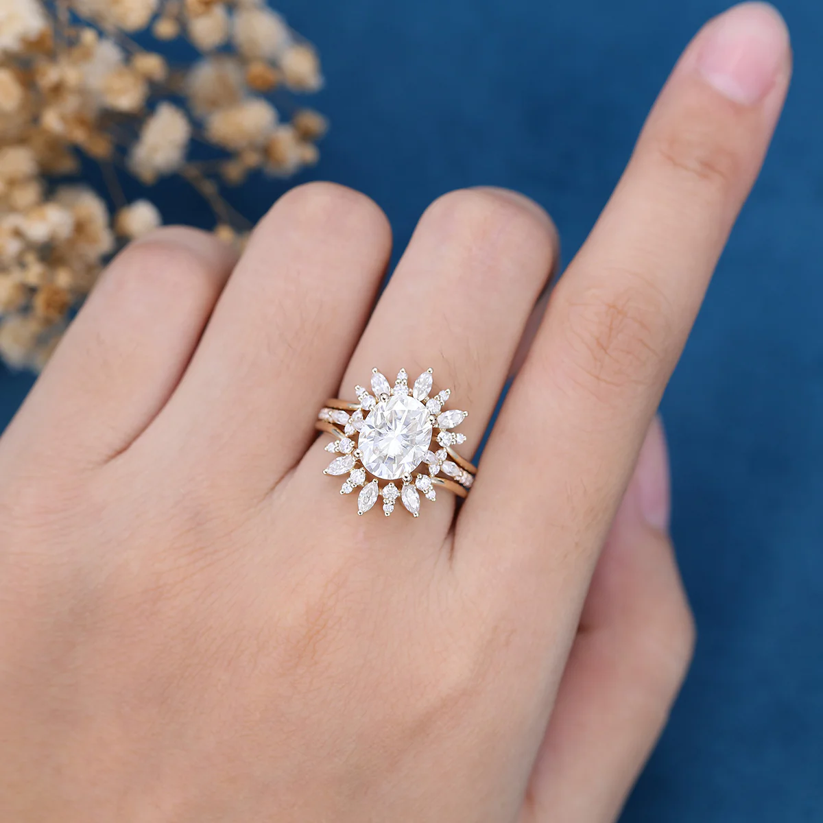 3PCS Oval cut Moissanite Engagement ring Bridal Set - Image 2