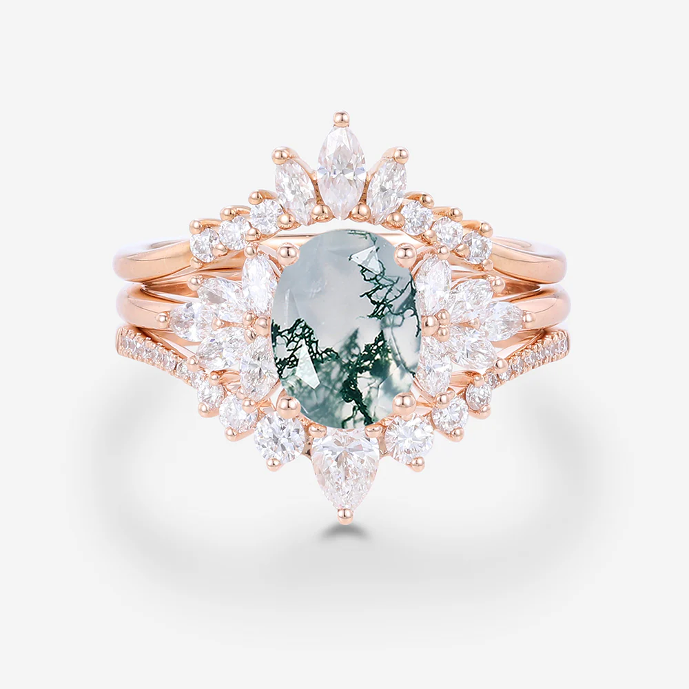 Natural Green Moss Agate Oval Cluster Engagement ring Bridal Sets