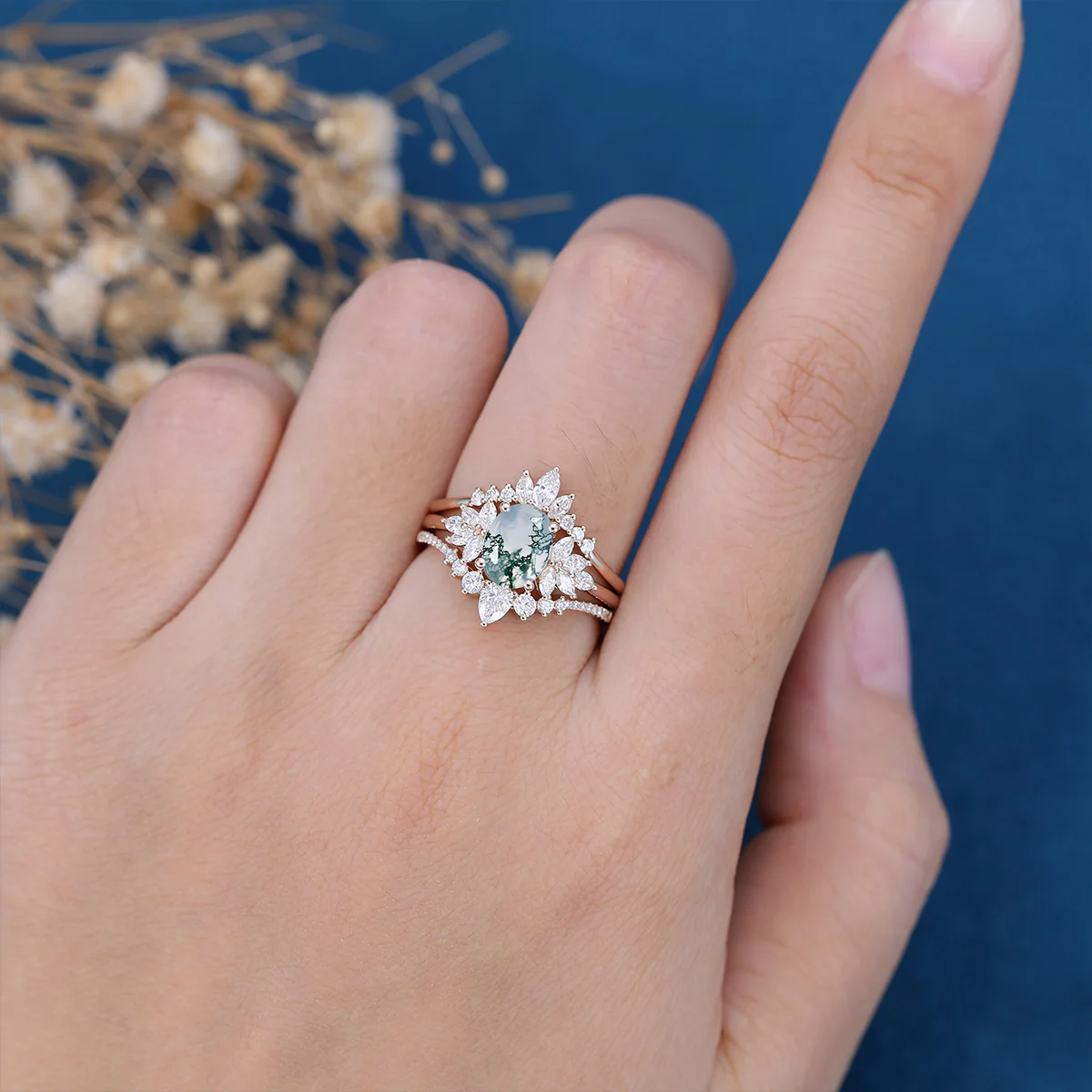 Natural Green Moss Agate Oval Cluster Engagement ring Bridal Sets - Image 2