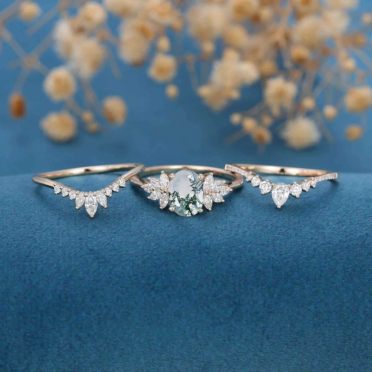 Natural Green Moss Agate Oval Cluster Engagement ring Bridal Sets - Image 3