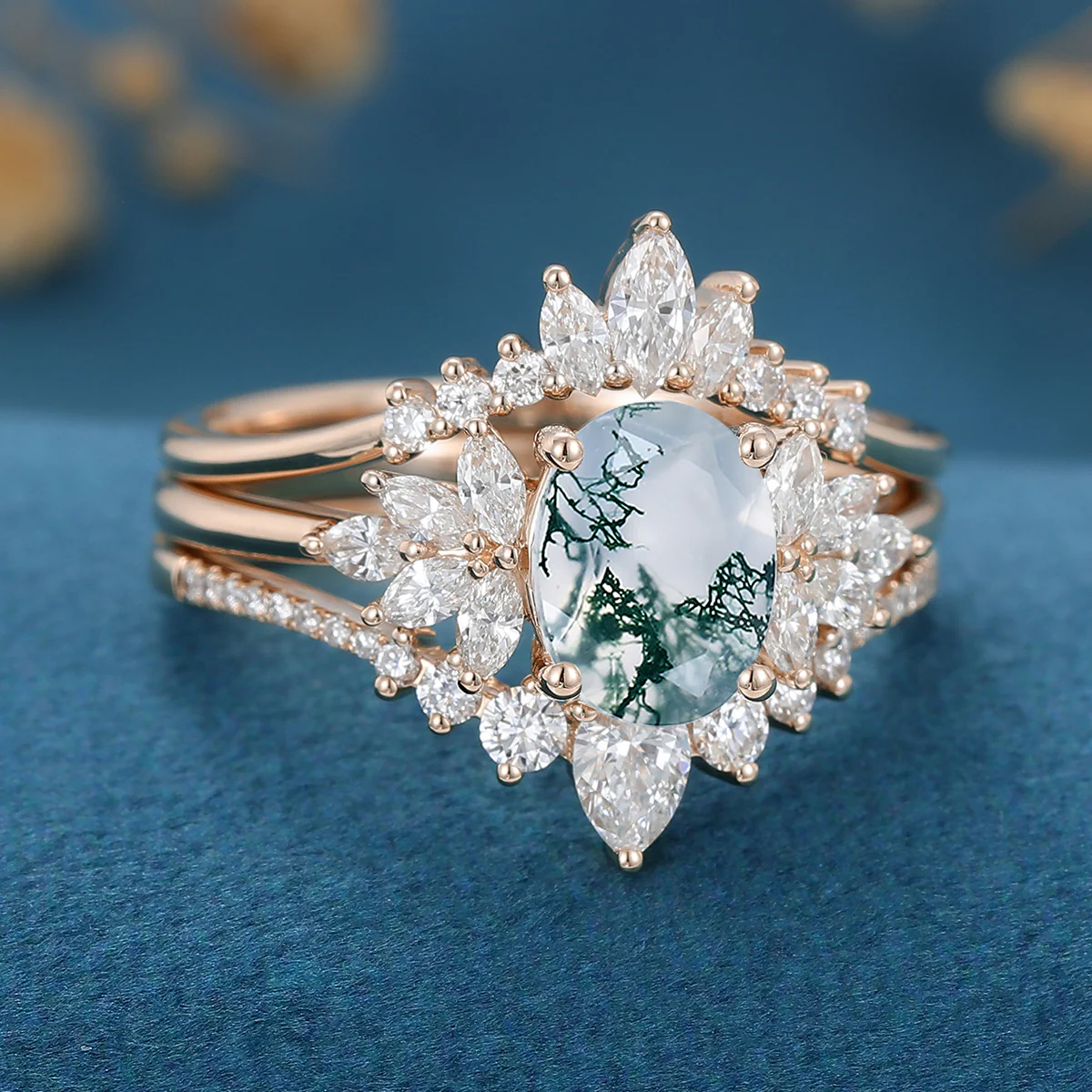 Natural Green Moss Agate Oval Cluster Engagement ring Bridal Sets - Image 4