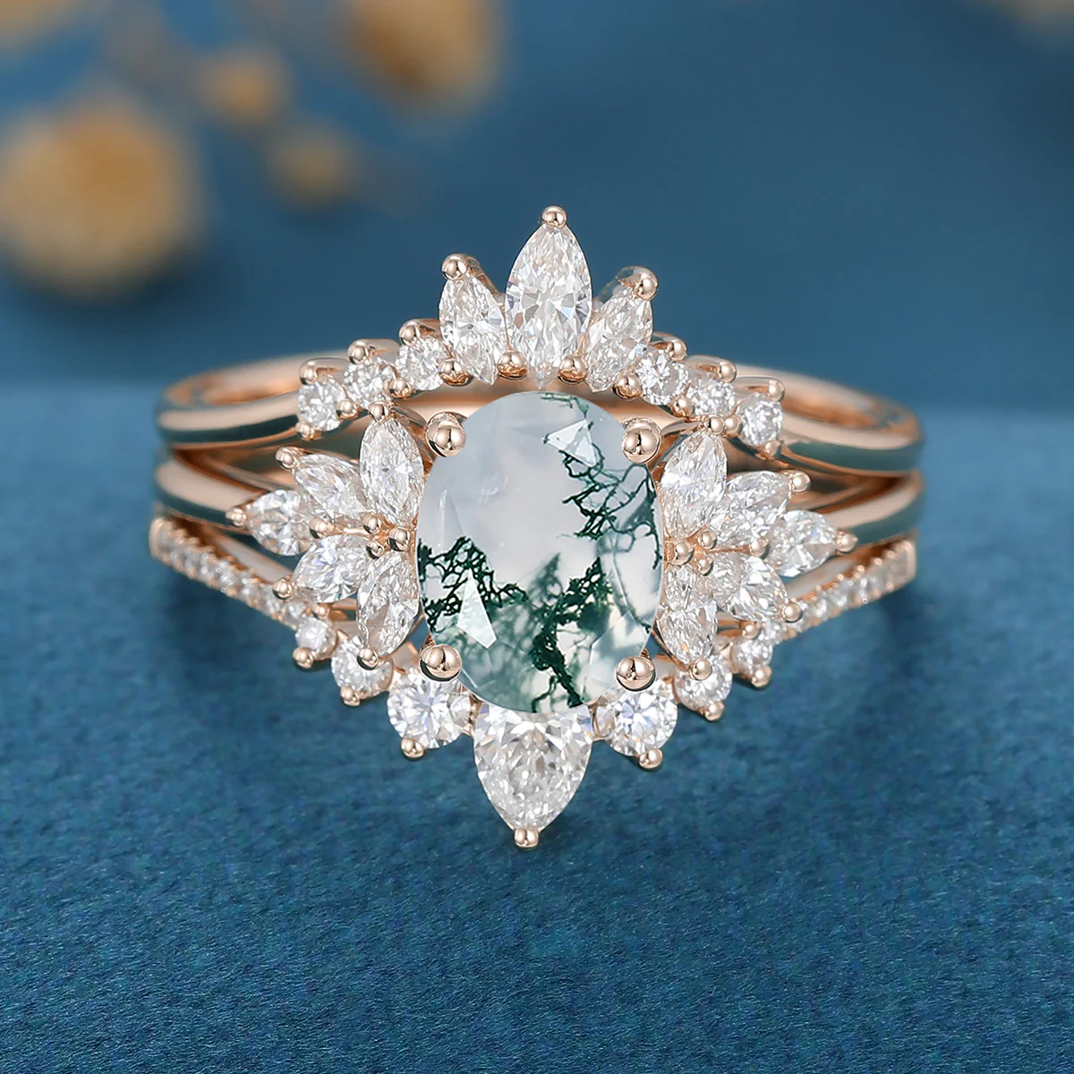 Natural Green Moss Agate Oval Cluster Engagement ring Bridal Sets - Image 5