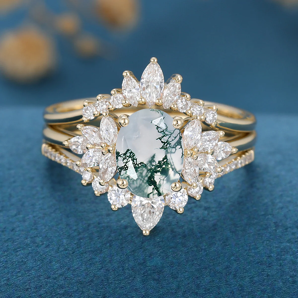 Natural Green Moss Agate Oval Cluster Engagement ring Bridal Sets - Image 6