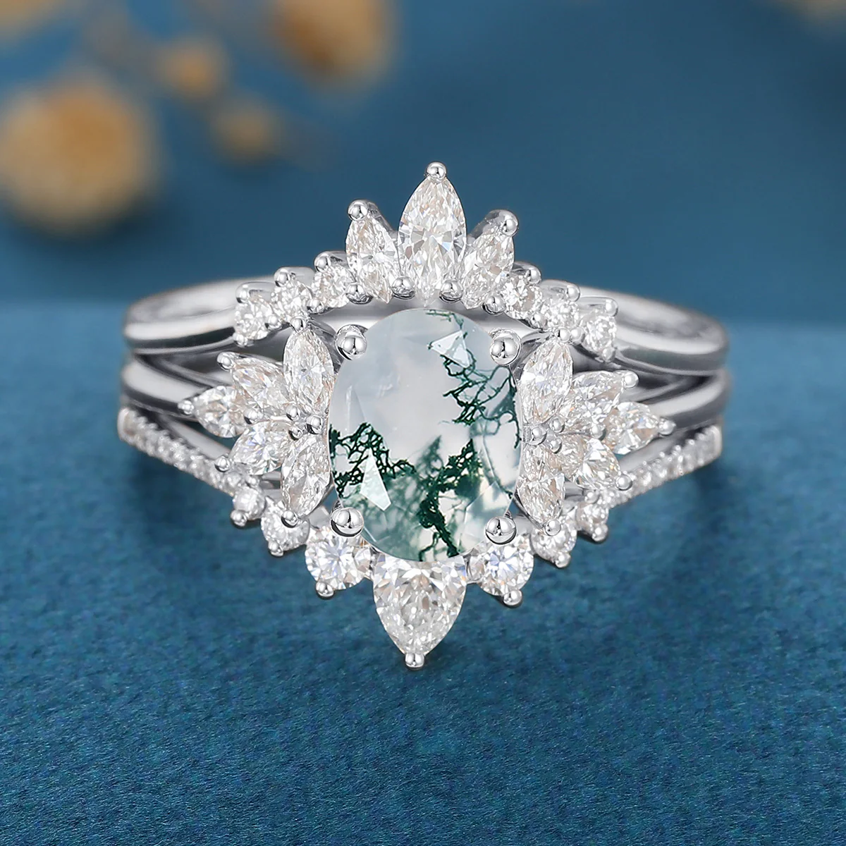 Natural Green Moss Agate Oval Cluster Engagement ring Bridal Sets - Image 7