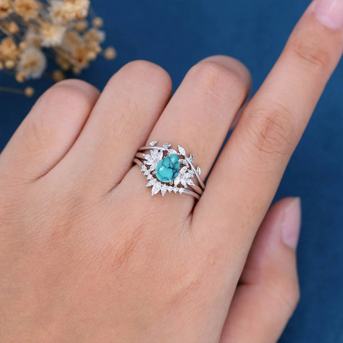3PCS Pear Cut Turquoise Cluster Engagement ring Set Bridal Set - Image 2