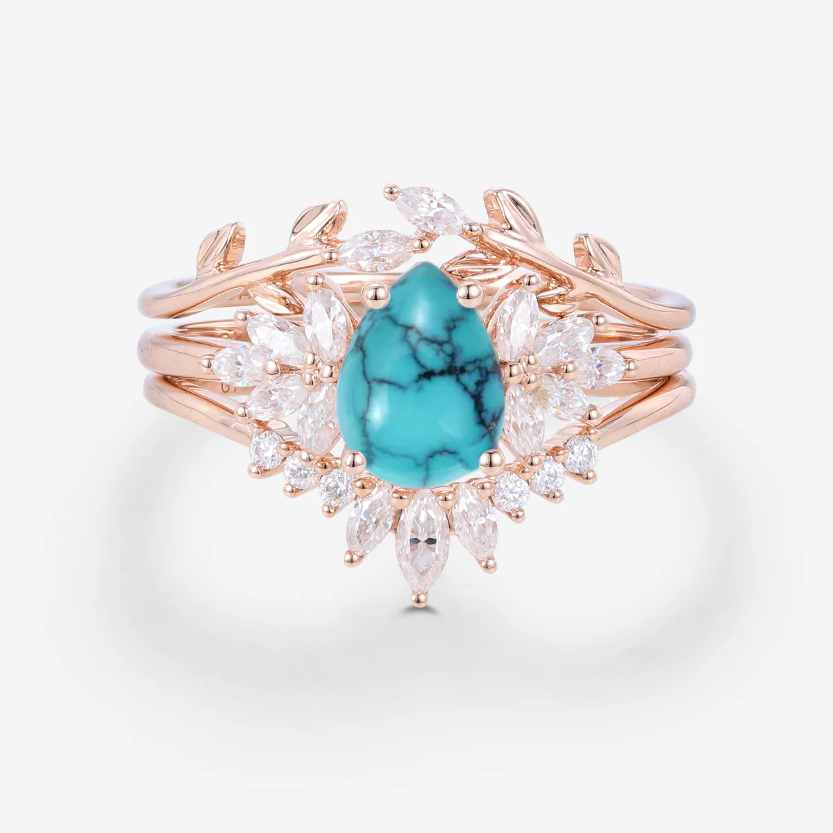 3PCS Pear Cut Turquoise Cluster Engagement ring Set Bridal Set - Image 3