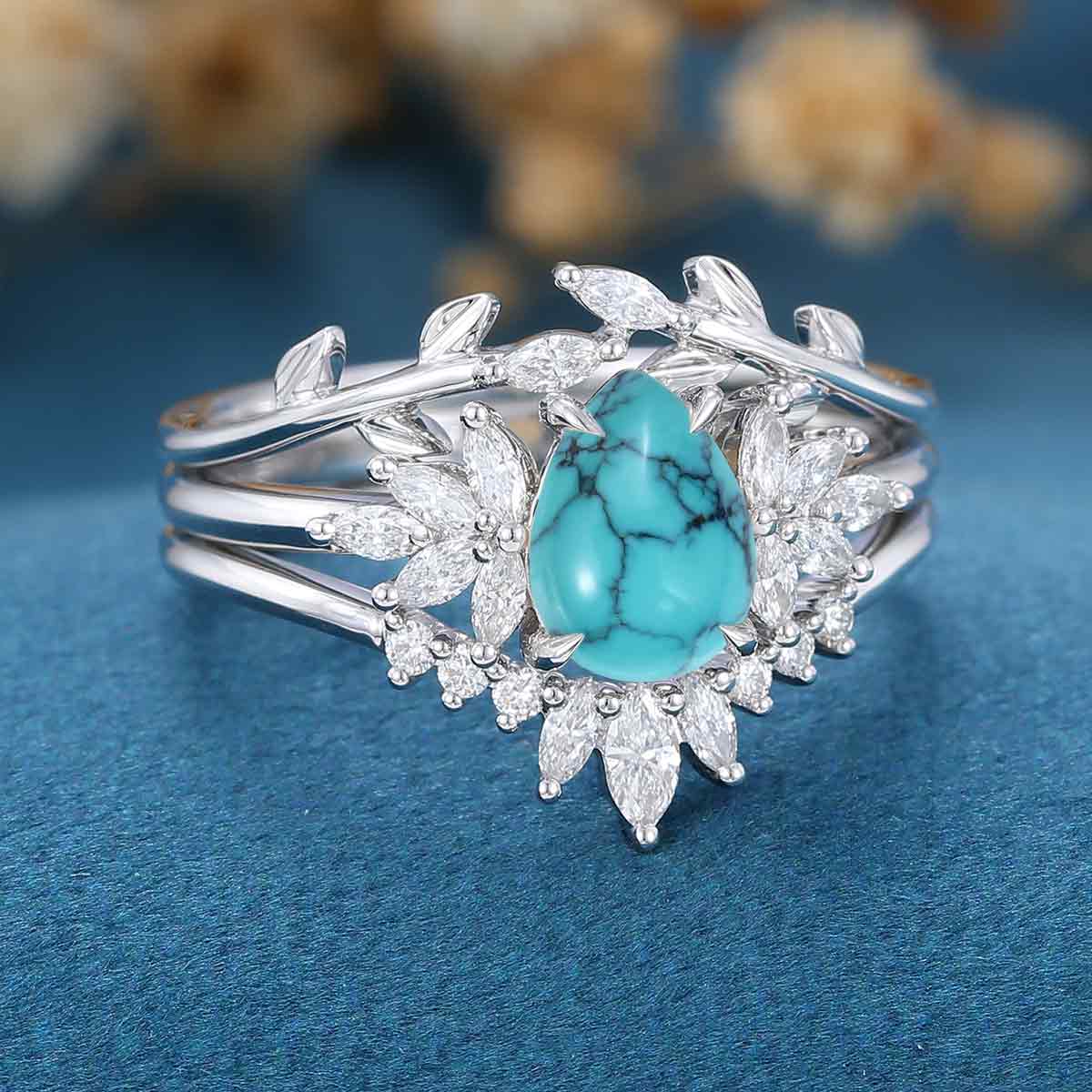 3PCS Pear Cut Turquoise Cluster Engagement ring Set Bridal Set - Image 6