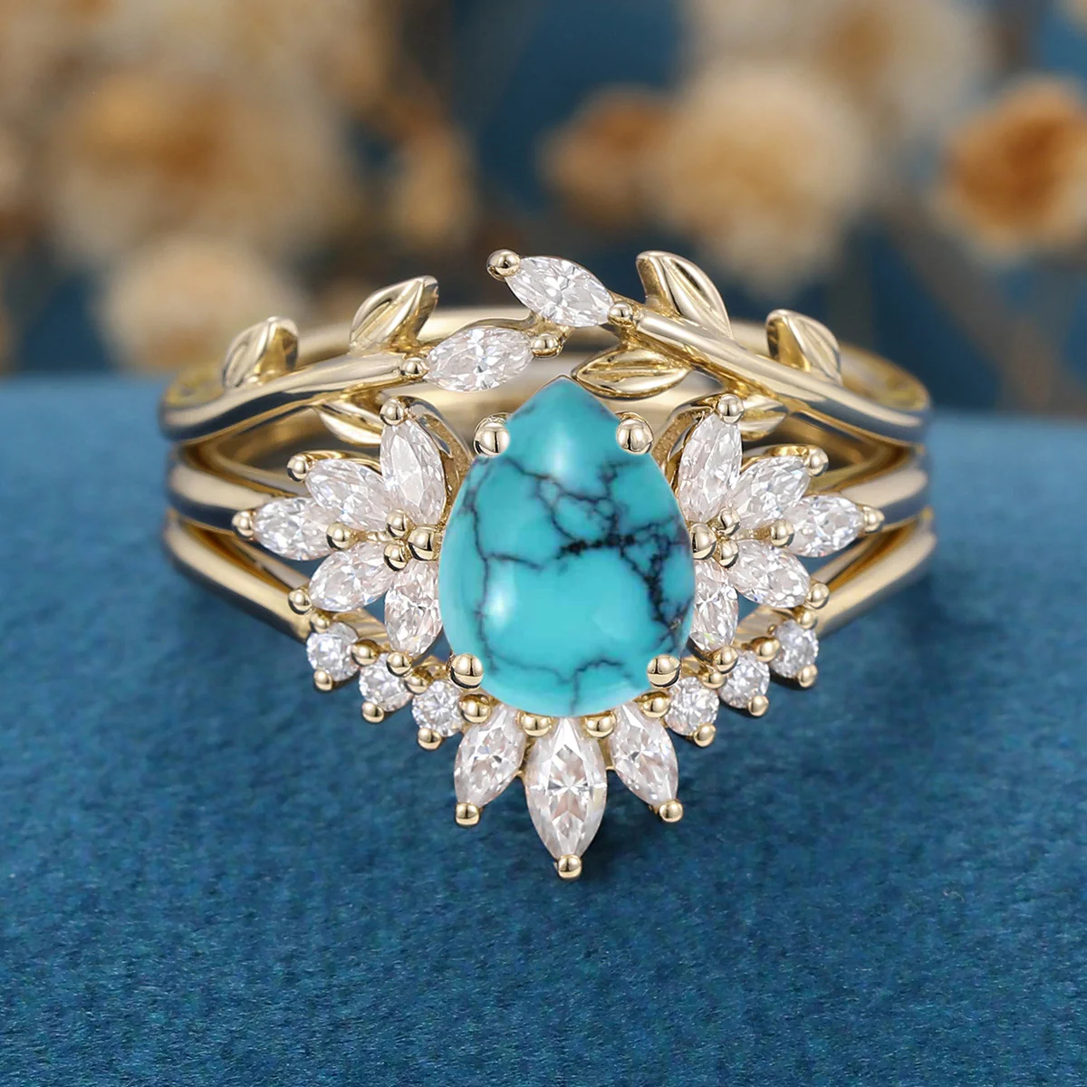 3PCS Pear Cut Turquoise Cluster Engagement ring Set Bridal Set - Image 8