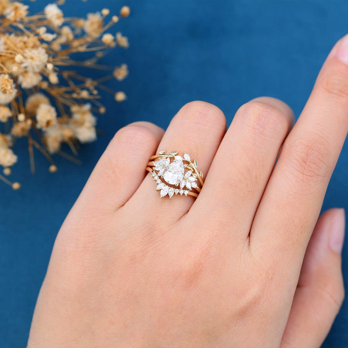 3PCS 1.2 Carat Pear Moissanite Cluster Engagement ring Bridal Set - Image 10