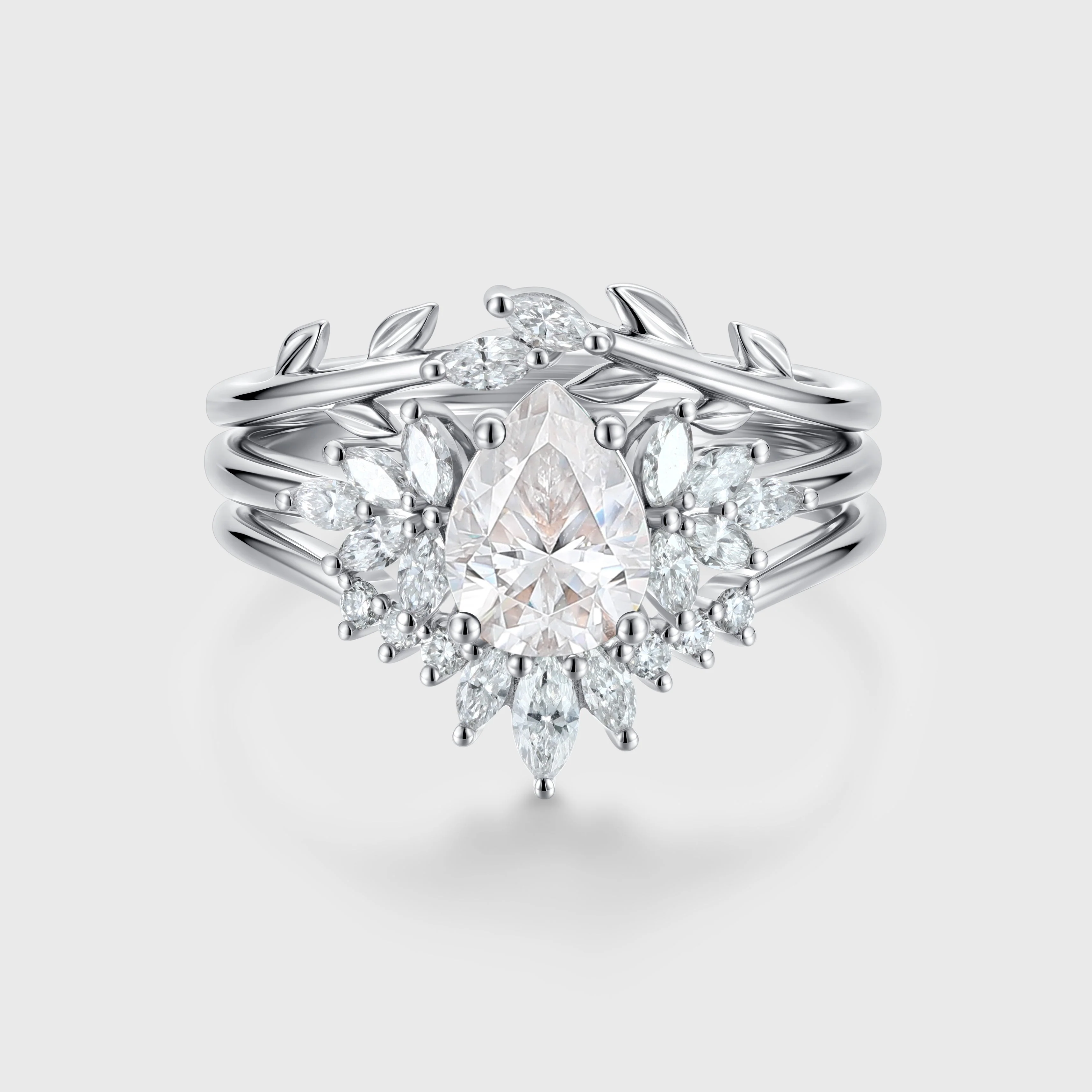 3PCS 1.2 Carat Pear Moissanite Cluster Engagement ring Bridal Set - Image 3