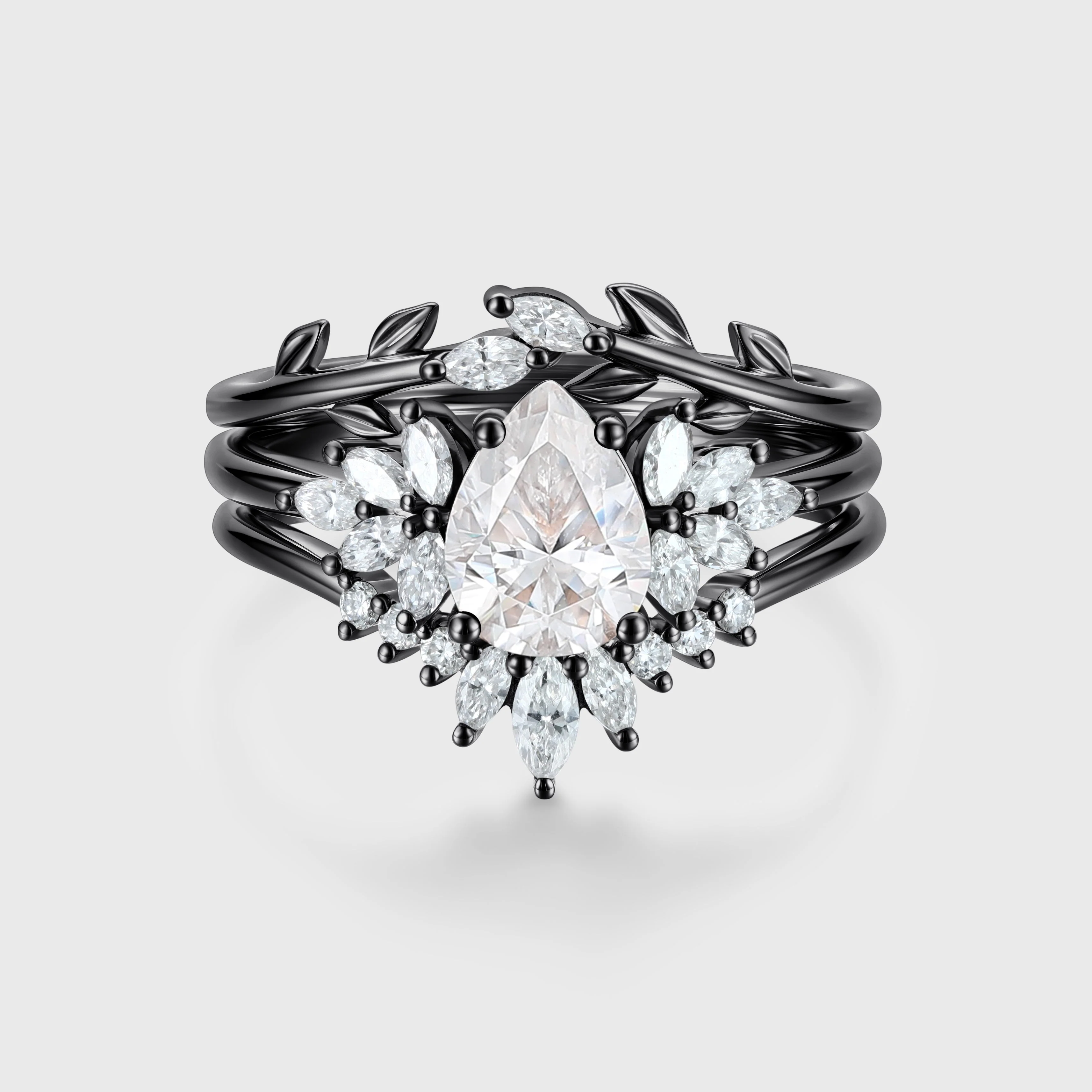 3PCS 1.2 Carat Pear Moissanite Cluster Engagement ring Bridal Set - Image 4