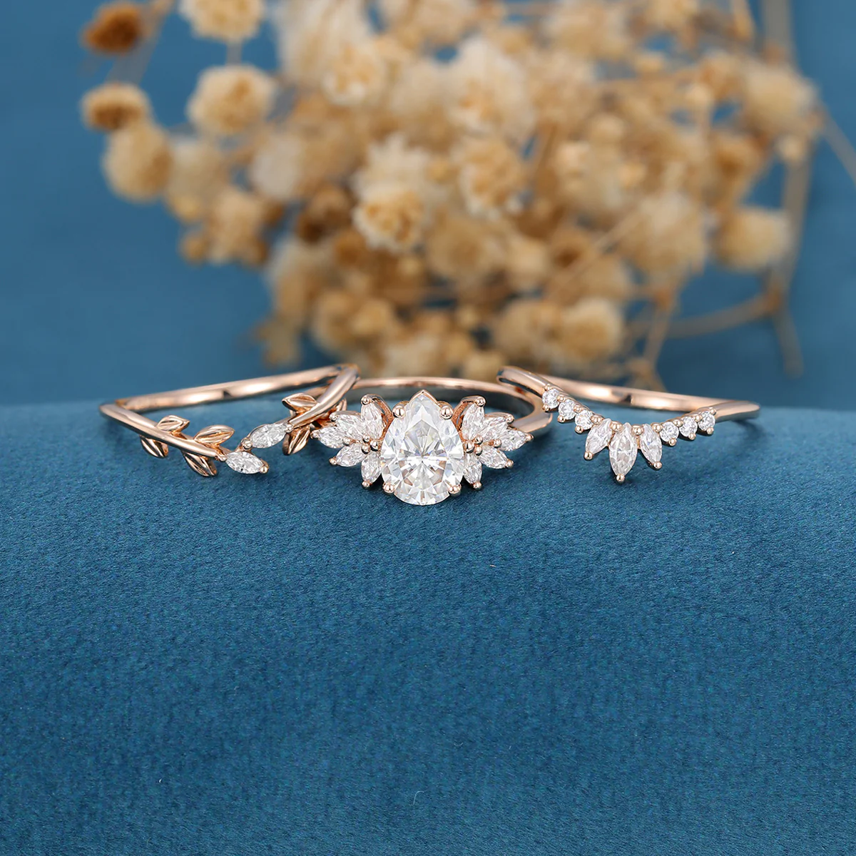 3PCS 1.2 Carat Pear Moissanite Cluster Engagement ring Bridal Set - Image 5