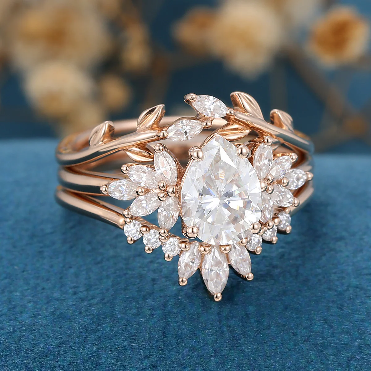 3PCS 1.2 Carat Pear Moissanite Cluster Engagement ring Bridal Set - Image 6