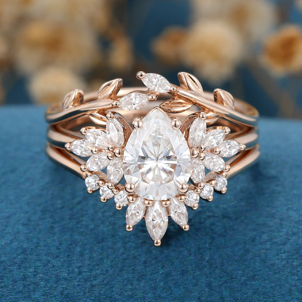 3PCS 1.2 Carat Pear Moissanite Cluster Engagement ring Bridal Set - Image 7