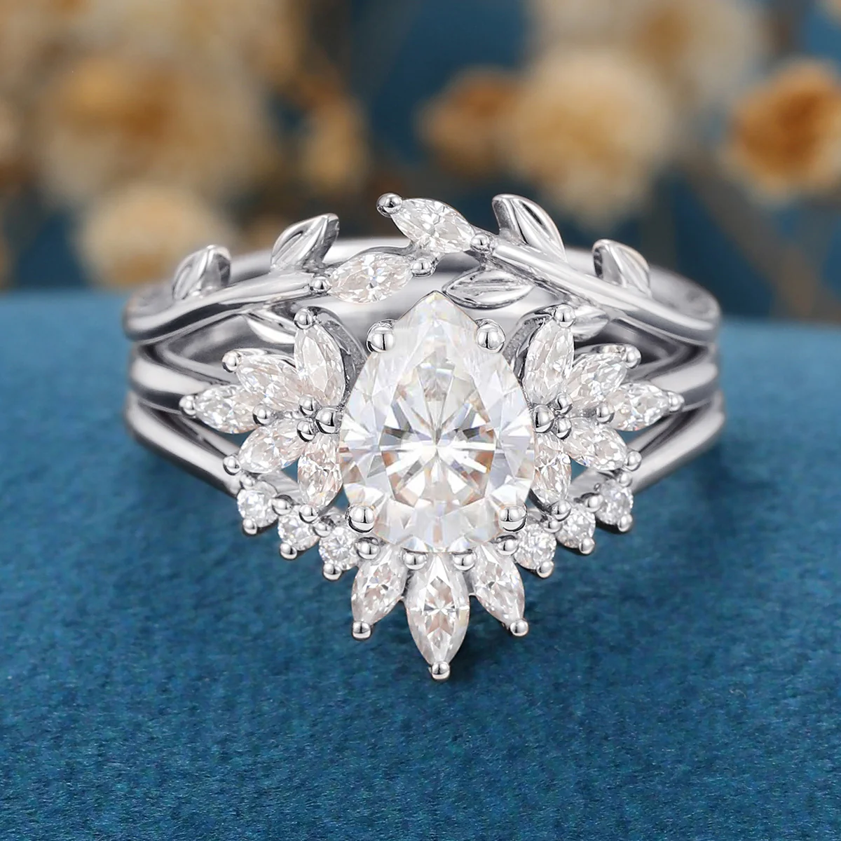 3PCS 1.2 Carat Pear Moissanite Cluster Engagement ring Bridal Set - Image 8