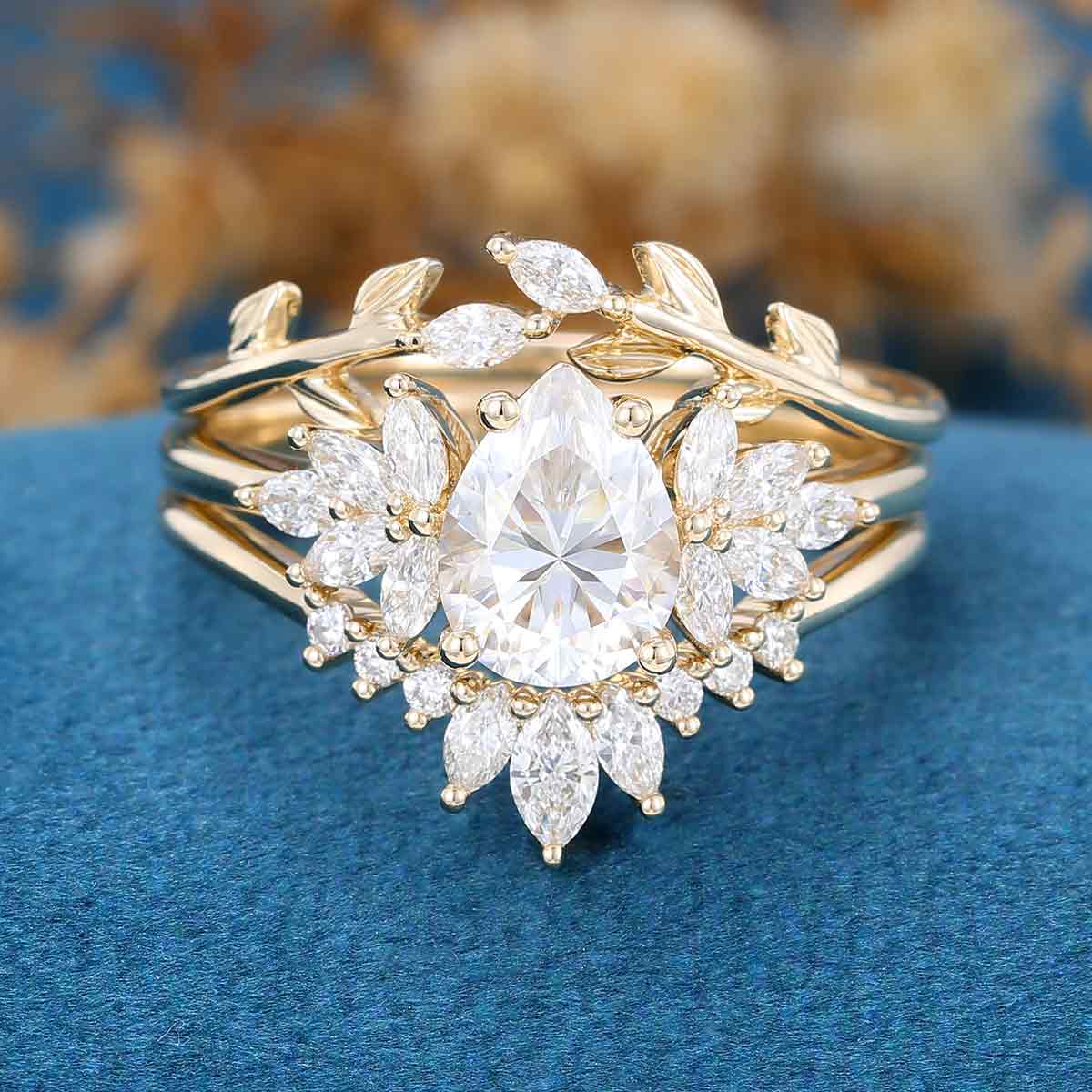 3PCS 1.2 Carat Pear Moissanite Cluster Engagement ring Bridal Set - Image 9