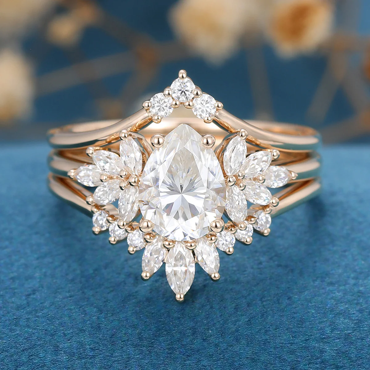 3PCS Pear cut Moissanite Cluster Engagement ring Bridal Set - Image 3