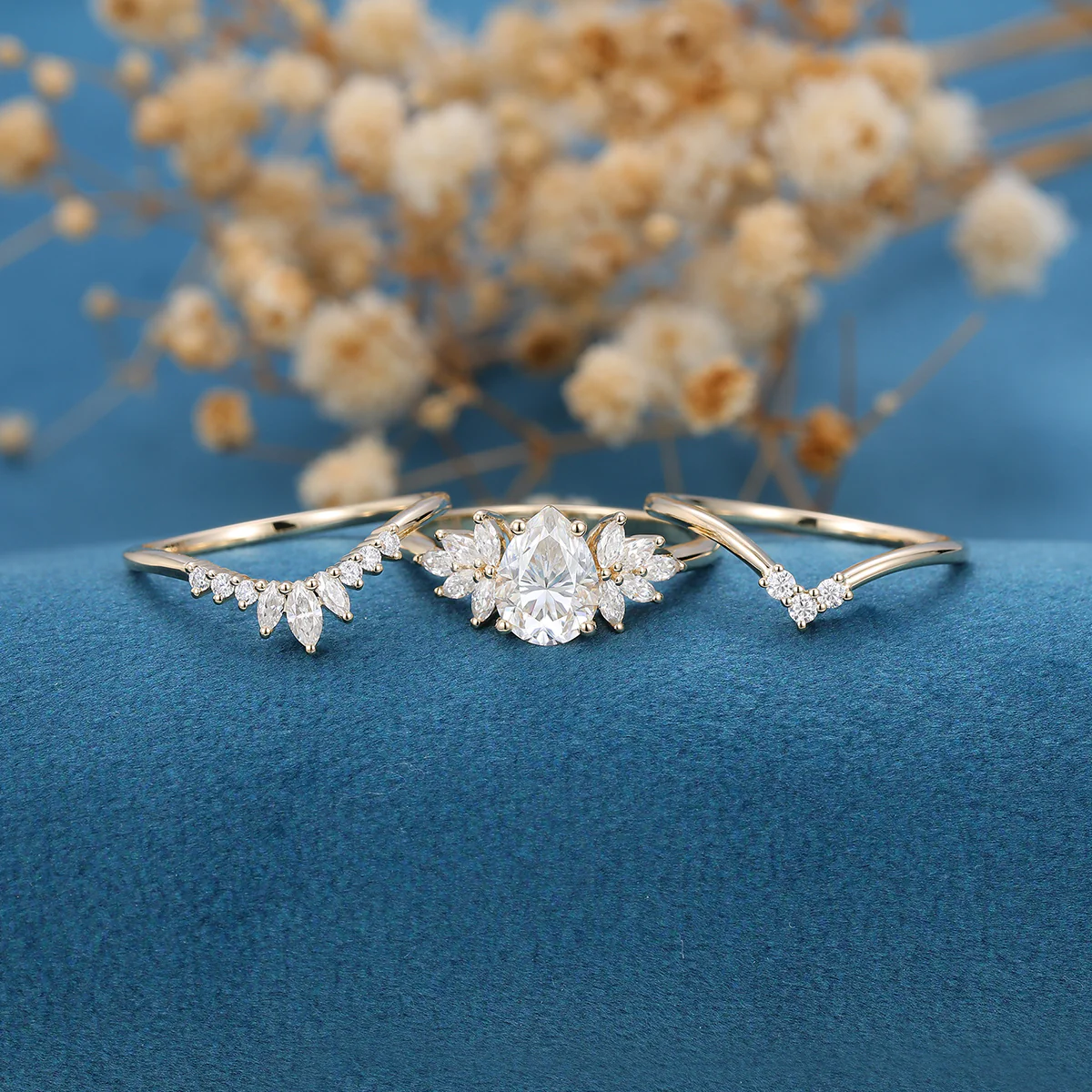 3PCS Pear cut Moissanite Cluster Engagement ring Bridal Set - Image 4