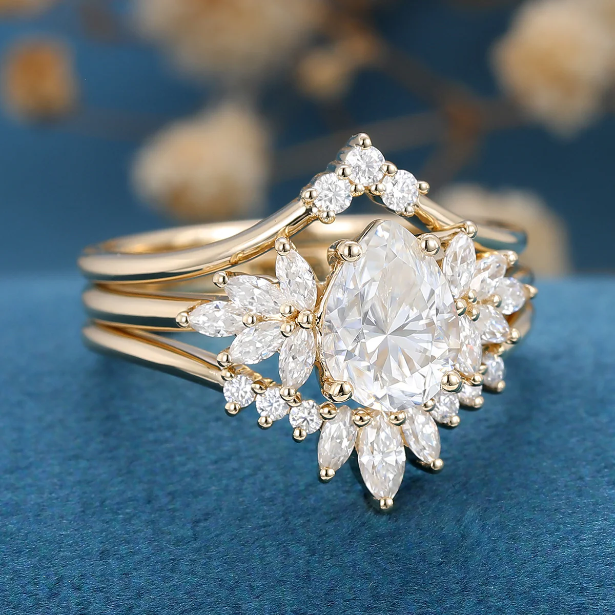 3PCS Pear cut Moissanite Cluster Engagement ring Bridal Set - Image 6