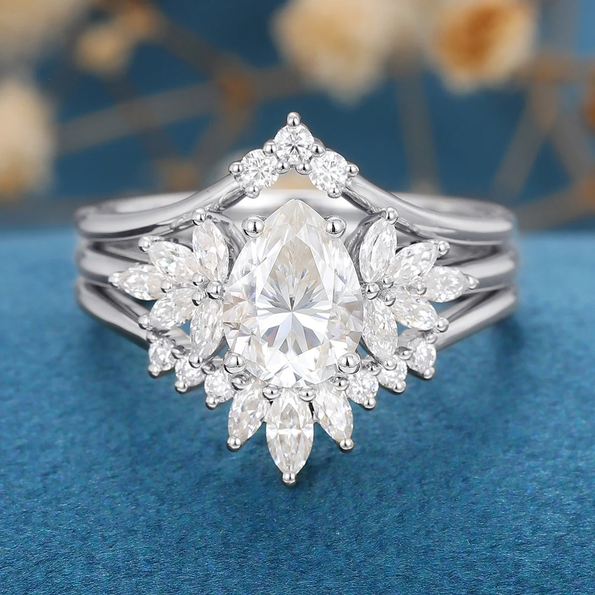 3PCS Pear cut Moissanite Cluster Engagement ring Bridal Set - Image 7