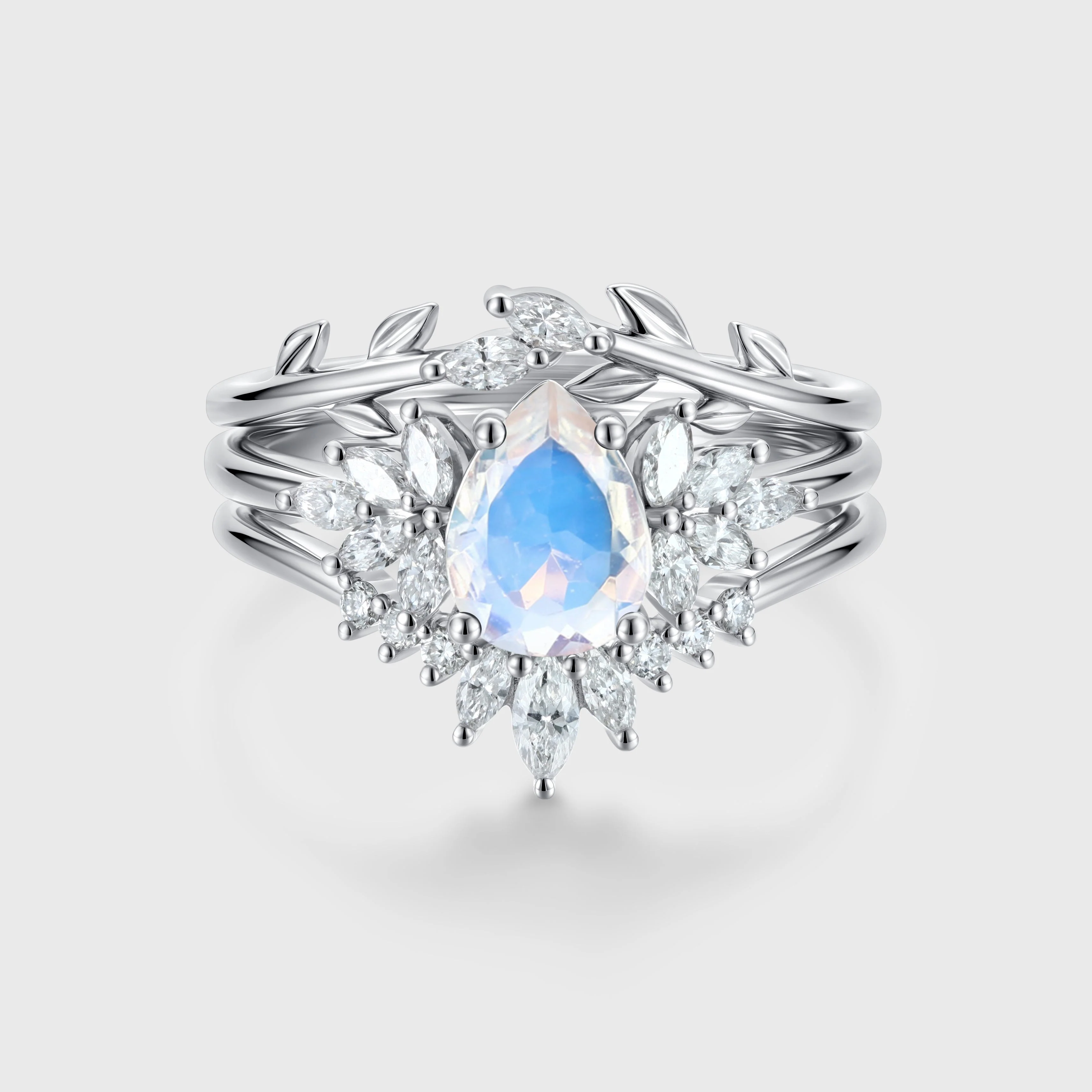 3PCS Pear Moonstone Cluster Engagement Ring Bridal Set - Image 3