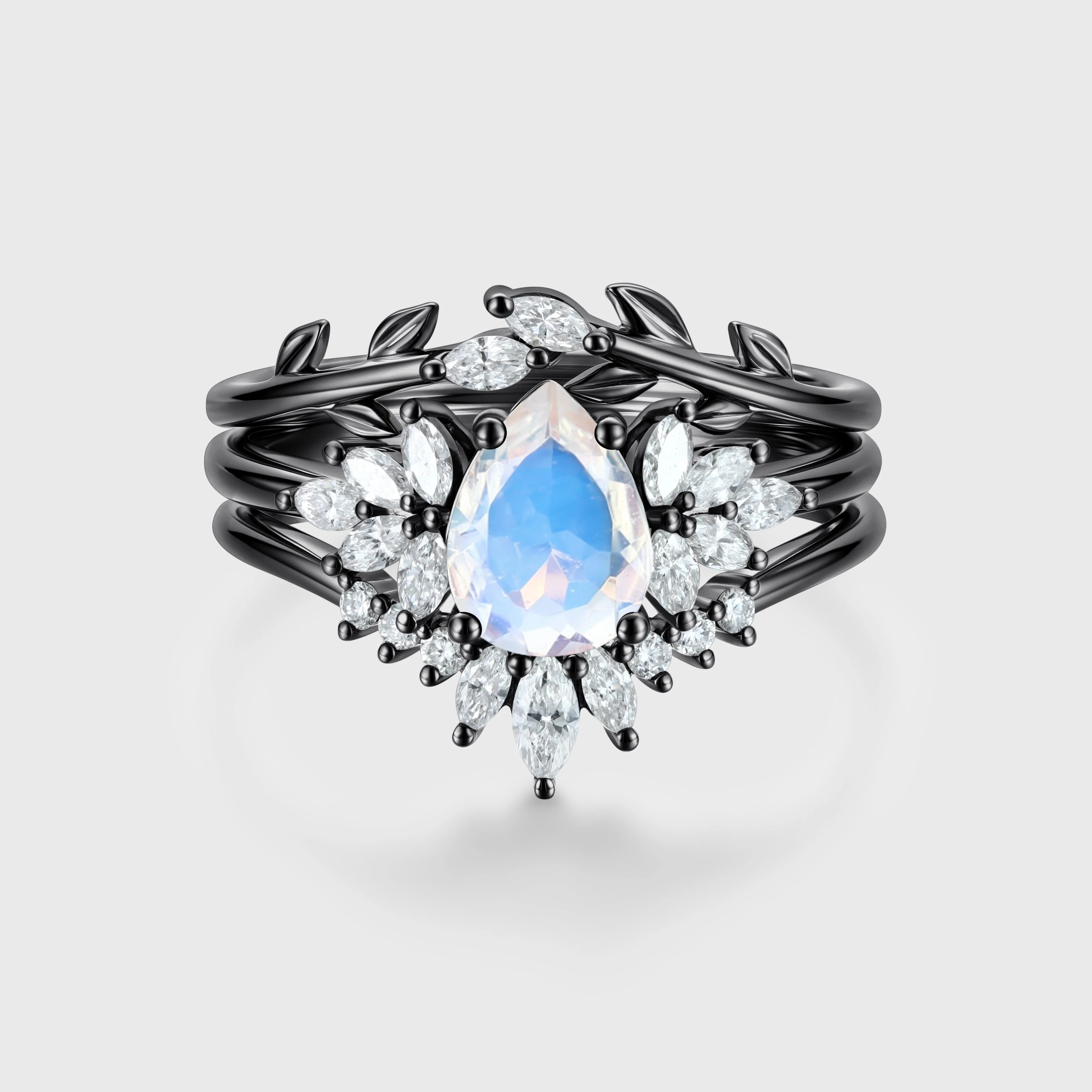 3PCS Pear Moonstone Cluster Engagement Ring Bridal Set - Image 4