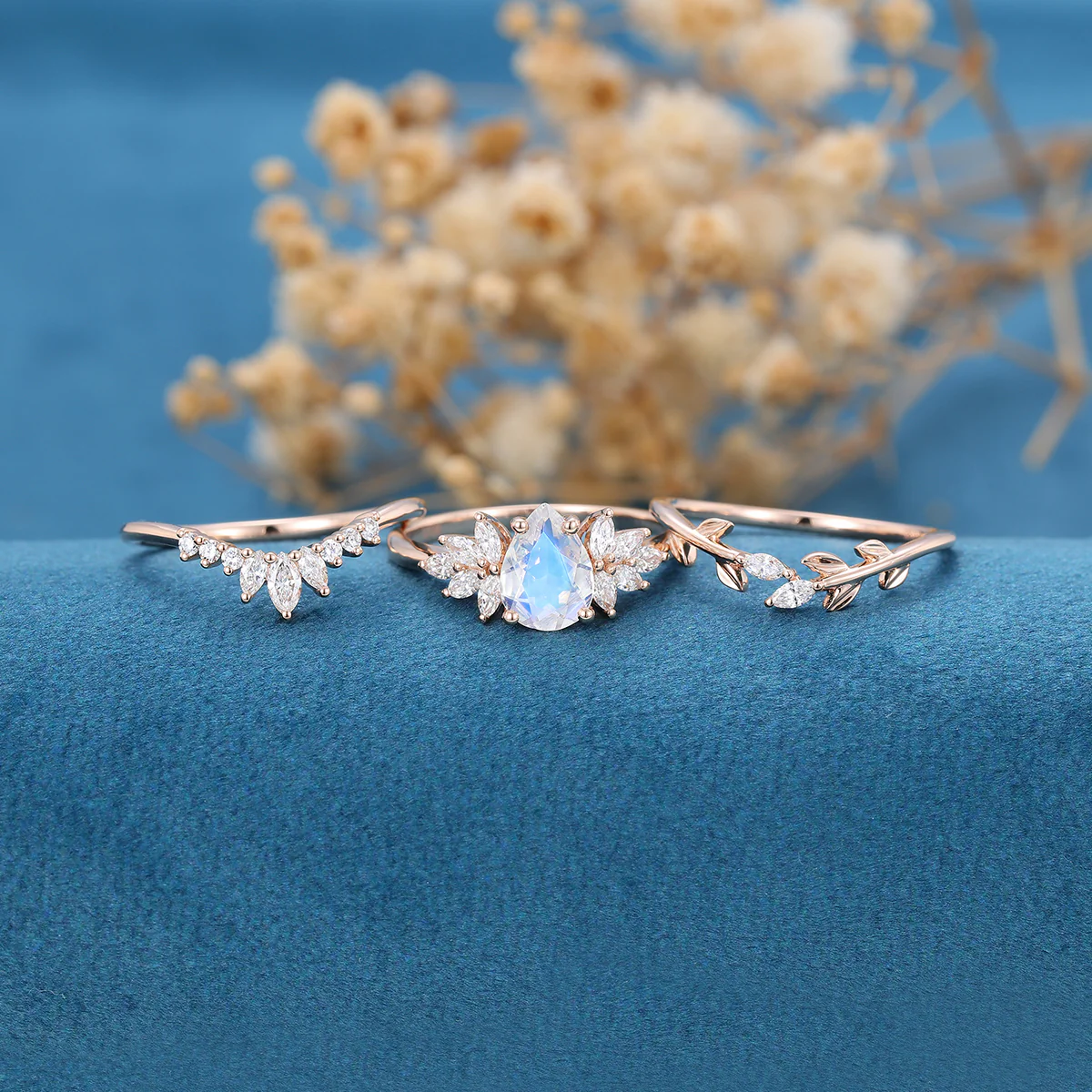 3PCS Pear Moonstone Cluster Engagement Ring Bridal Set - Image 5