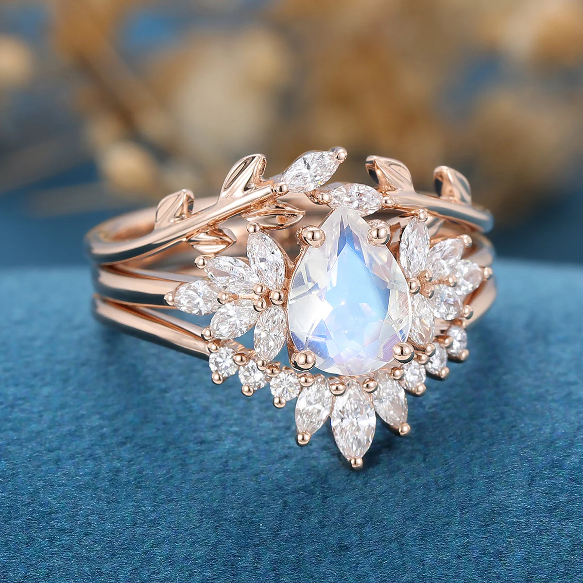 3PCS Pear Moonstone Cluster Engagement Ring Bridal Set - Image 6