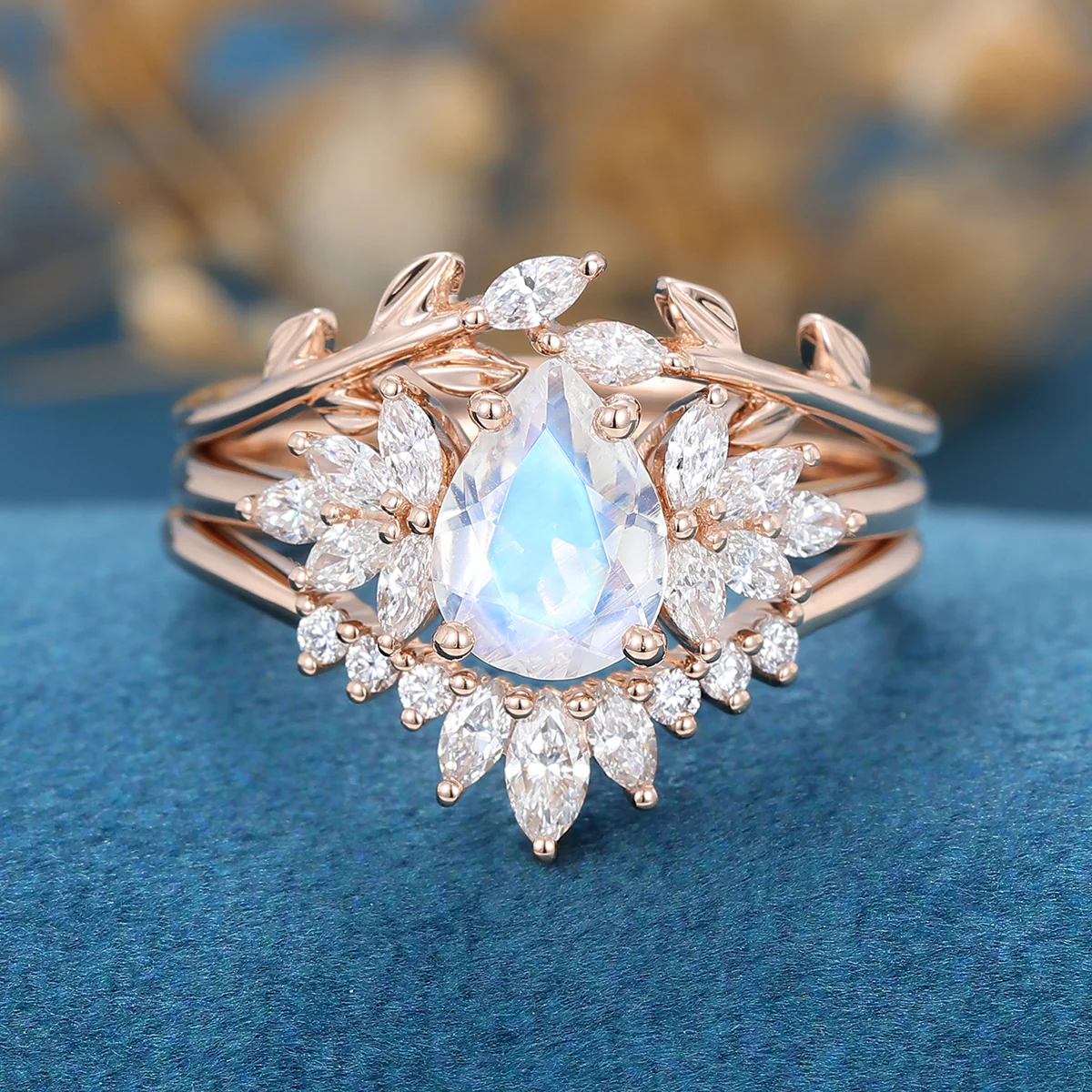 3PCS Pear Moonstone Cluster Engagement Ring Bridal Set - Image 7
