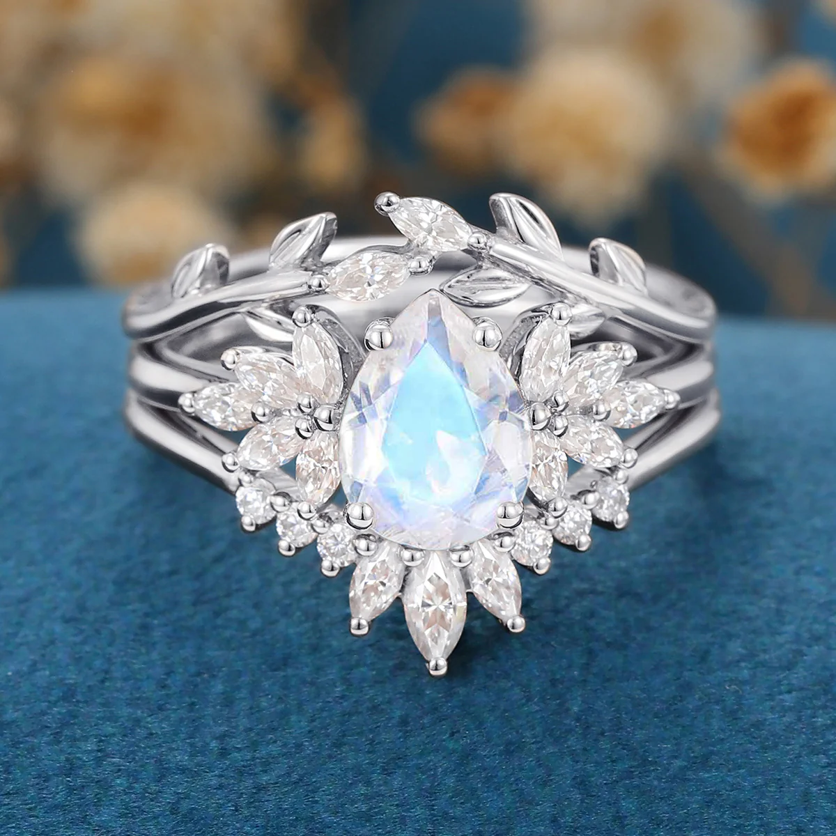 3PCS Pear Moonstone Cluster Engagement Ring Bridal Set - Image 8