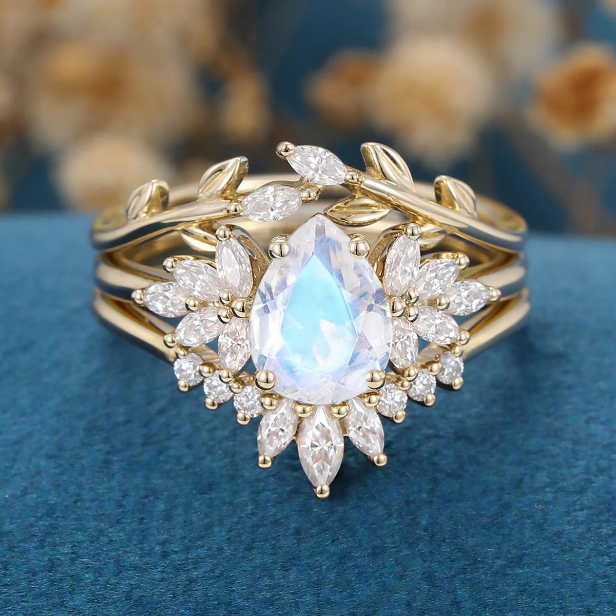 3PCS Pear Moonstone Cluster Engagement Ring Bridal Set - Image 9
