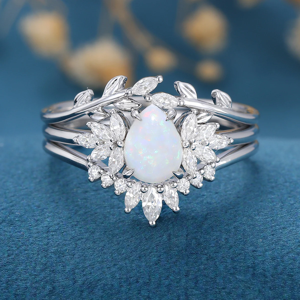 3PCS Pear cut Opal Engagement ring Bridal Set - Image 4