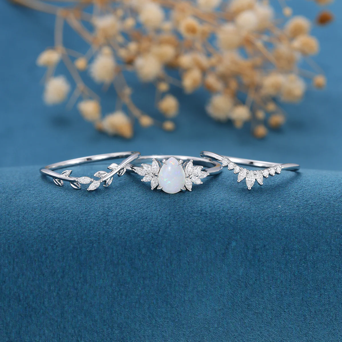 3PCS Pear cut Opal Engagement ring Bridal Set - Image 5
