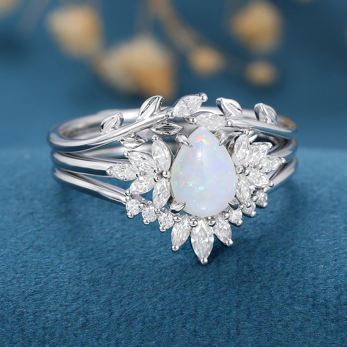 3PCS Pear cut Opal Engagement ring Bridal Set - Image 6