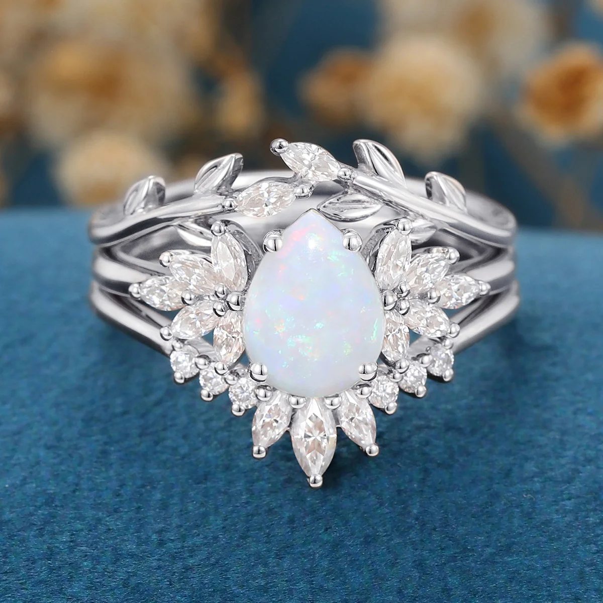 3PCS Pear cut Opal Engagement ring Bridal Set - Image 7