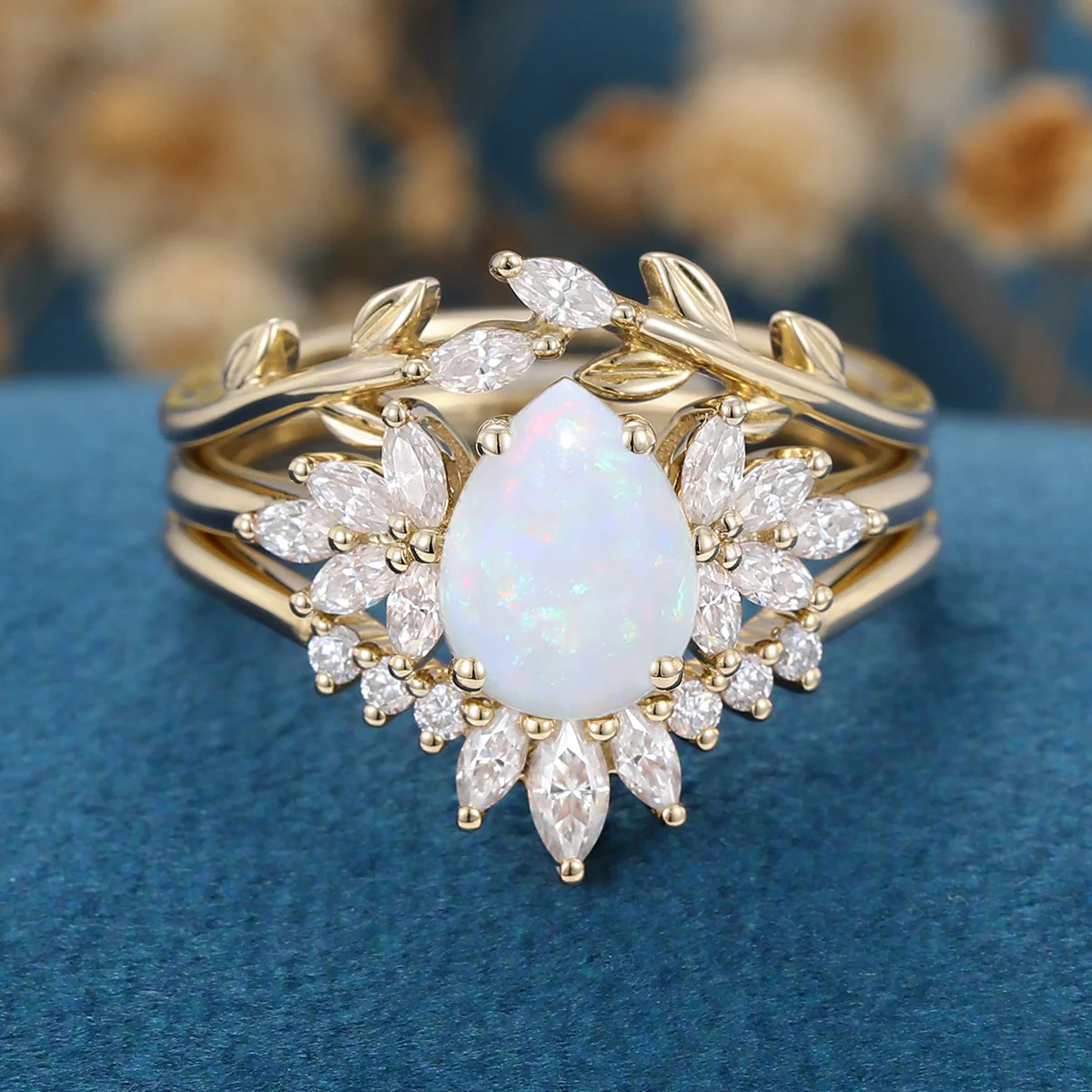 3PCS Pear cut Opal Engagement ring Bridal Set - Image 8