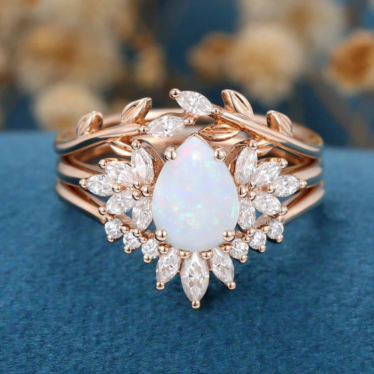 3PCS Pear cut Opal Engagement ring Bridal Set - Image 9